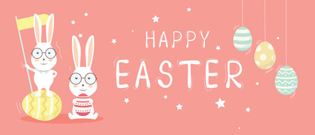 Happy Easter Banner, Header Set Design With Eggs And Bunniesのイラスト素材