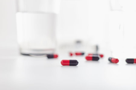 Close up medical pills on blur background.