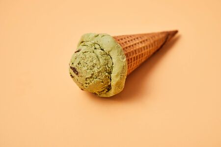 Green tea ice cream on pastel background.の写真素材