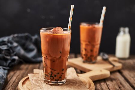 Homemade Milk Bubble Tea with Tapioca Pearls.の写真素材