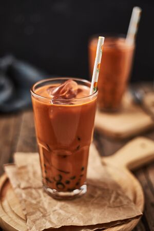 Homemade Milk Bubble Tea with Tapioca Pearls. の写真素材