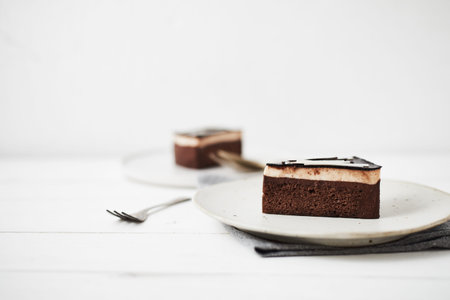 Plate with slice of tasty homemade chocolate cake on table.