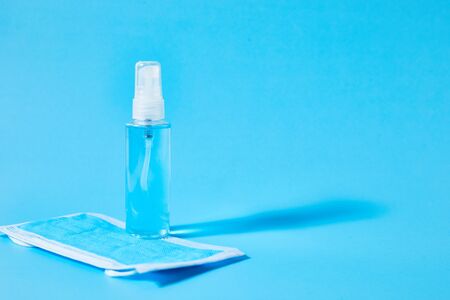 Closeup bottle of blue alcohol hand spray. corona virus conceptの写真素材