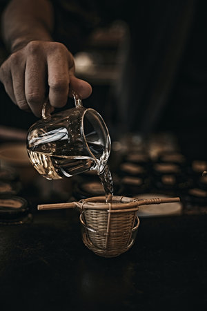 Cafe or bar table with tea.Toned picture ,selective focusの写真素材