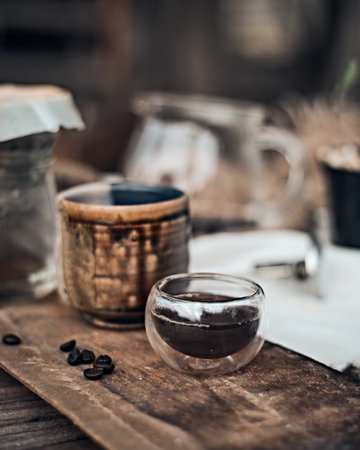 A cup of aromatic black coffee and coffee beans on the table.