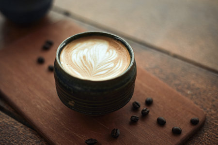 Selective focus cup of hot latte art coffee,focus at white foam