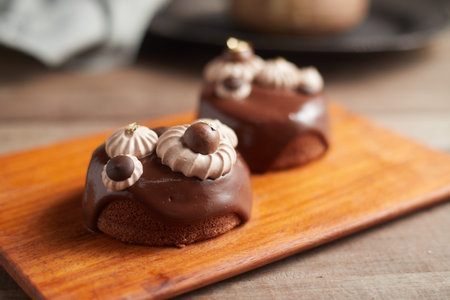 Tasty homemade chocolate cake on dark background.