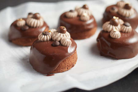 Tasty homemade chocolate cake on dark background.の写真素材