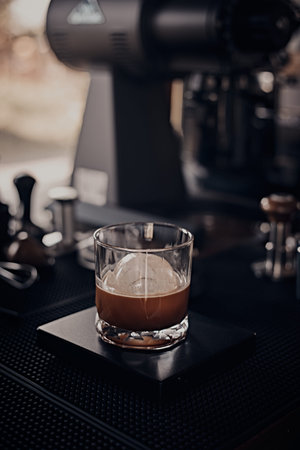 black drip coffee in glass cup.selective focusの写真素材