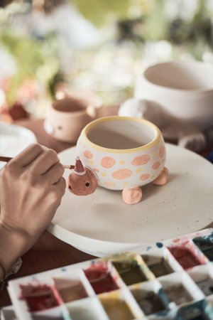 Close up shot of a woman potter painting a cup in her crafts workshop.の写真素材