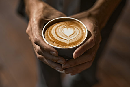 Man holding coffee cup with latte art, Selective focus