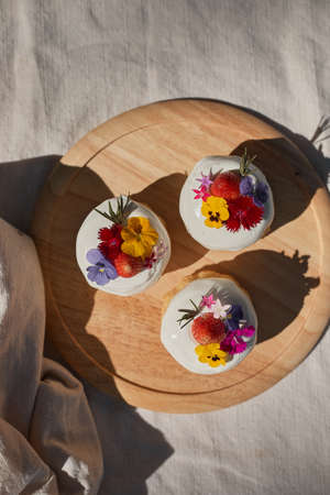 Homemade Milk cream cake delicious on wood plate.の写真素材
