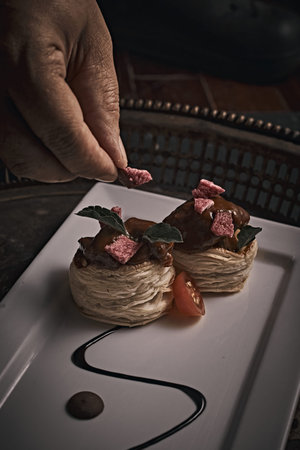 Beautiful and tasty food on a plate, exquisite dish, creative restaurant meal concept