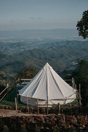 Tent clamping on the mountain landscape of Doi Chang hill in Chiang Rai province, Thailand