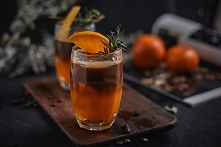 A glass of iced americano black coffee and layer of orange