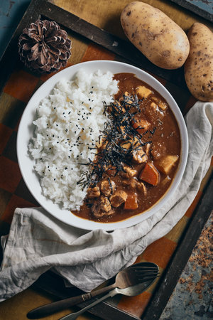 homemade pork curry japanese style with rice, asian cuisineの写真素材