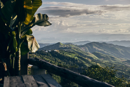 Beautiful mountain landscape of Doi Chang hill in Chiang Rai province, Thailandの写真素材