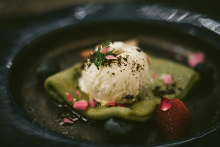 Close up Green tea  crepes with vanilla ice cream.の写真素材