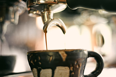 Close up of coffee machine pouring espresso in cafe, selective focusの写真素材