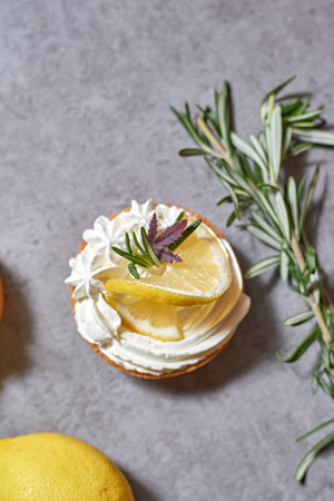 Lemon tart, Homemade shortbread mini tart cakes with lemon curd and whipped creamの写真素材