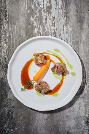 Beautiful and tasty food on a plate, exquisite dish, creative restaurant meal conceptの写真素材