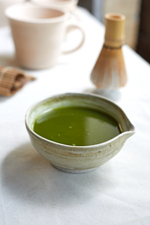 Japanese Matcha in Bowl with Matcha whiskの写真素材