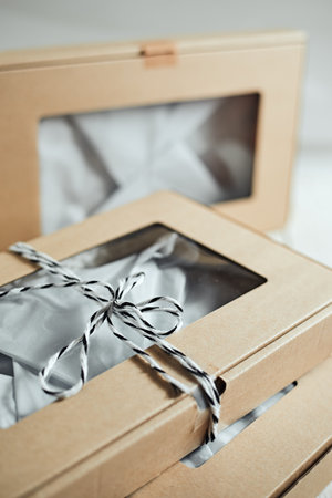 Craft gift box on background,creating a romantic luxury atmosphere. For birthday, anniversary presentsの写真素材