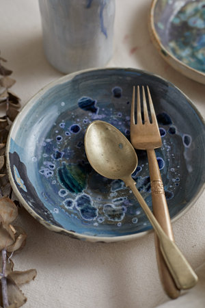 Set of Ceramic, stylish tableware, table decor and food menu concept.