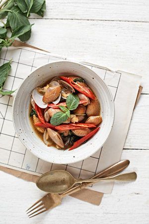 Stir Fried Clams with Roasted Chilli Paste, Selective focusの写真素材