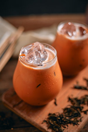 Iced thai milk tea in glass, selective focusの写真素材
