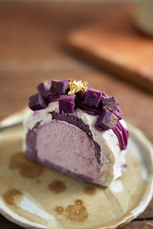 Purple sweet potato roll cake, selective focus