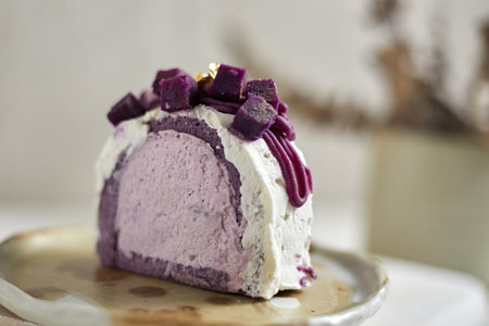 Purple sweet potato roll cake, selective focus