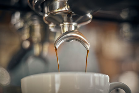 Close up of coffee machine pouring espresso in cafe, selective focusの写真素材
