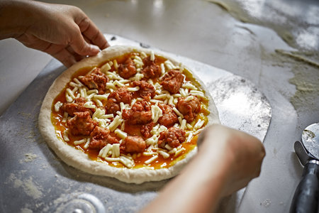 Grilled Chicken Pizza with Red Onion and Cilantroの写真素材