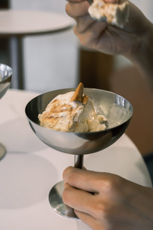 Homemade caramel Ice Cream with ToppingÂ ,selective focus
