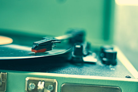 Vinyl Record spinning on turntable, Selective focusの写真素材