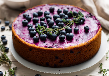 Close up of blueberry cake on tableの素材