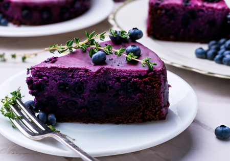 Close up of blueberry cake on tableの素材