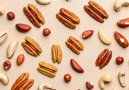 Pattern of various nuts on beige. Healthy eating concept. Top view, flat lay.Â の素材