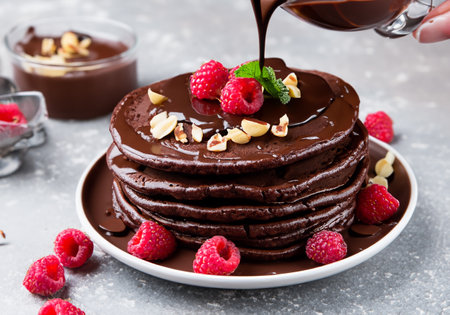 Chocolate pancakes. Served with chopped nuts and fresh raspberriesの素材