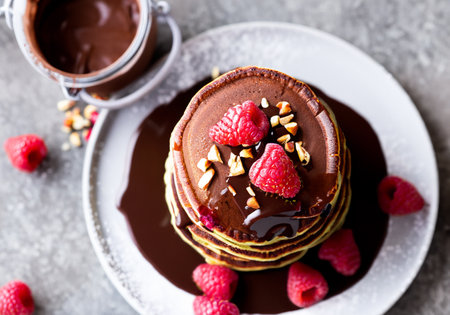Chocolate pancakes. Served with chopped nuts and fresh raspberriesの素材