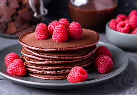 Chocolate pancakes. Served with chopped nuts and fresh raspberriesの素材