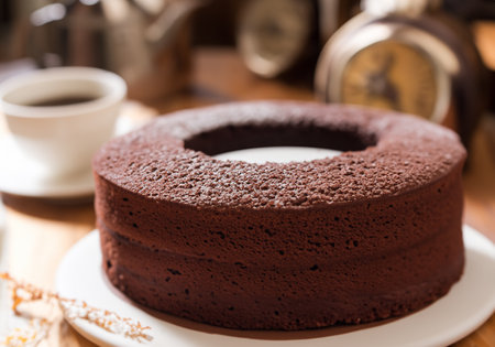 Round chocolate cake on tableの素材