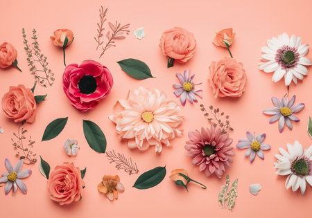 Beautiful floral wallpaper on a coral background.の素材