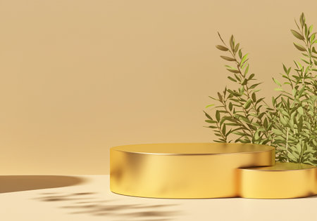 Gold metal podium on pastel beige background,Perfect platform for showing your products.の素材