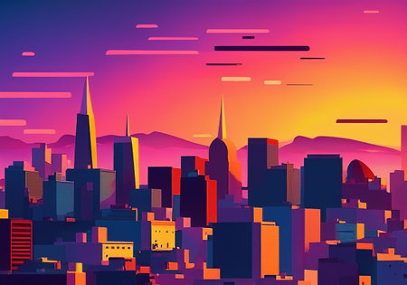City downtown sunset, flat art illustrationの素材