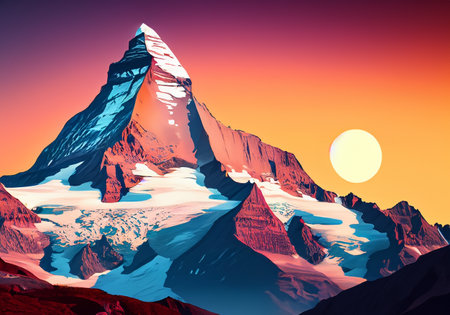Matterhorn sunset illustration, flat design posterの素材