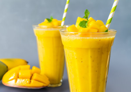 banana and mango smoothie on tableの素材