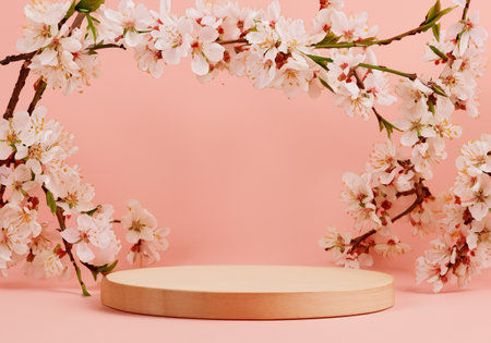 Product display with podium and blossom branches frame at light peach background.の素材