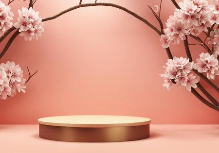 Product display with podium and blossom branches frame at light peach background.の素材